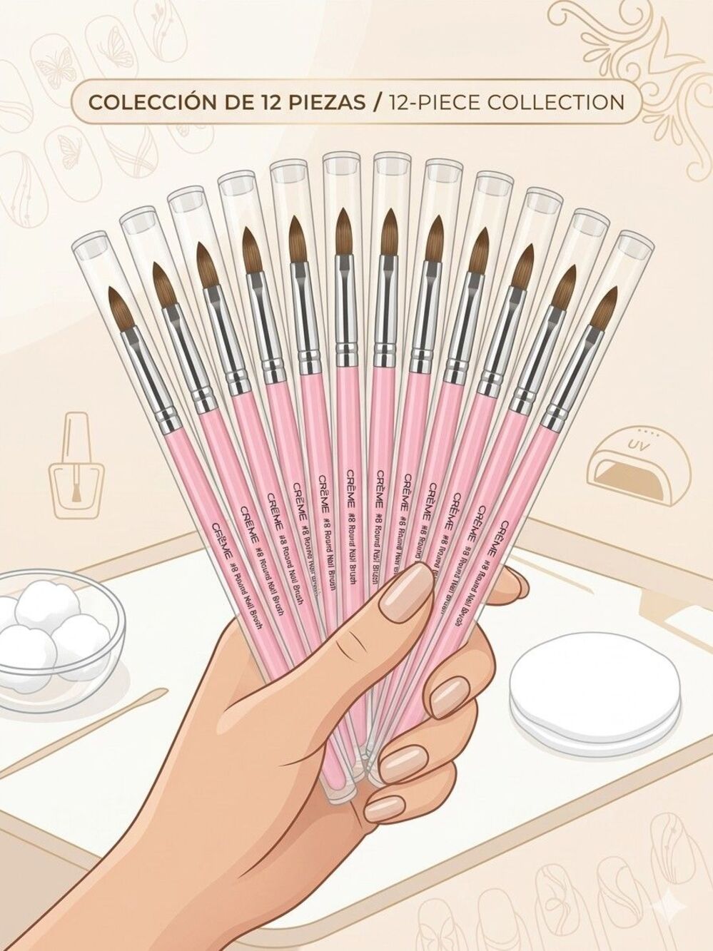 12 Piece Set CREME #8 ROUND NAIL BRUSH